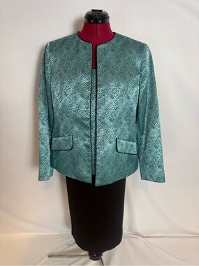 Kasper Skirt Suit Woman's Size 14P Teal & Black 3-Piece Set Blazer/Tank & Skirt